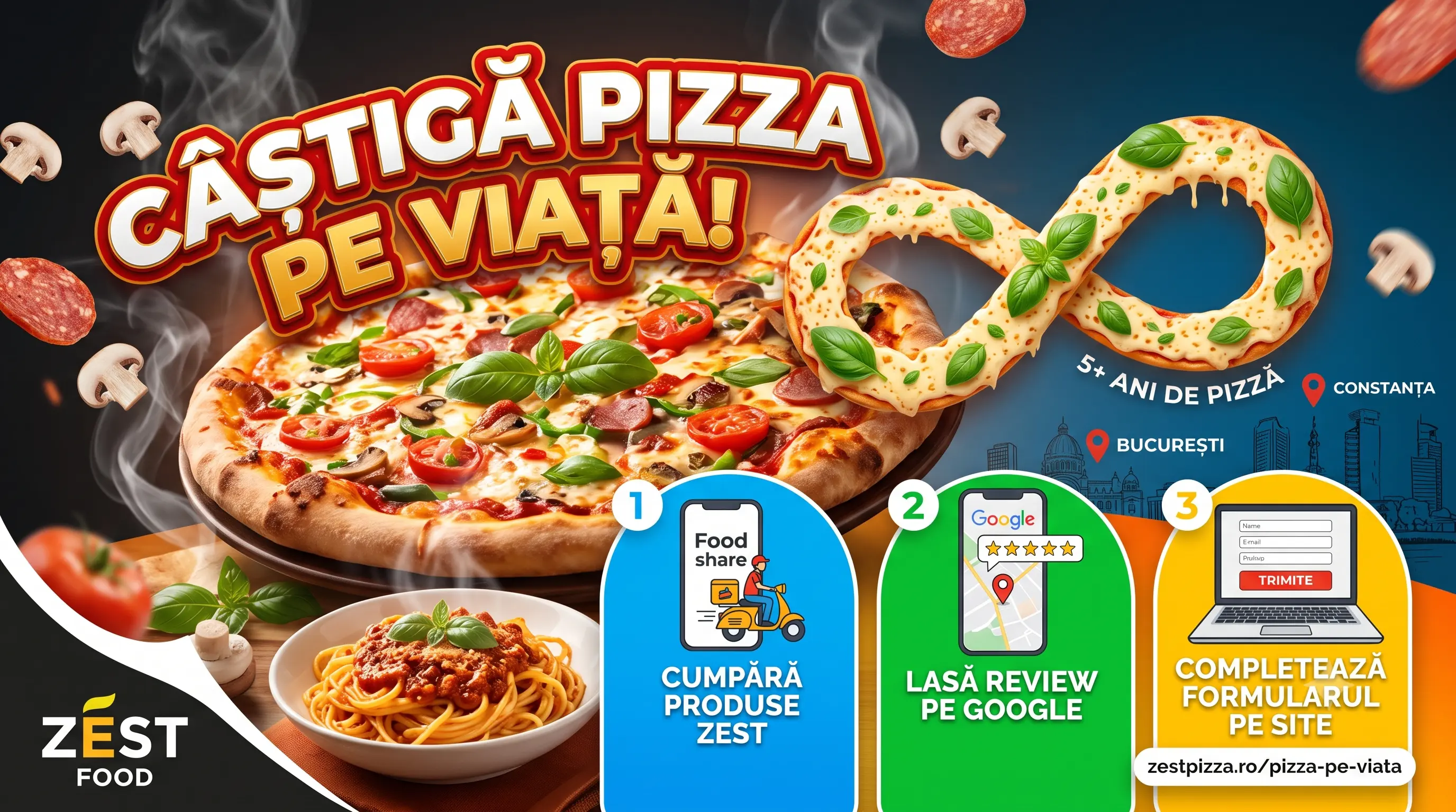 Concurs Concurs ZEST FOOD - Pizza pe viață - Cumpără și câștigă (până pe 30 Septembrie) -...