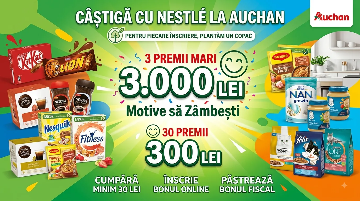Concurs Concurs Auchan Cumpără produse Nestlé și câștigă 3.000 de lei (până pe 25 August) -...