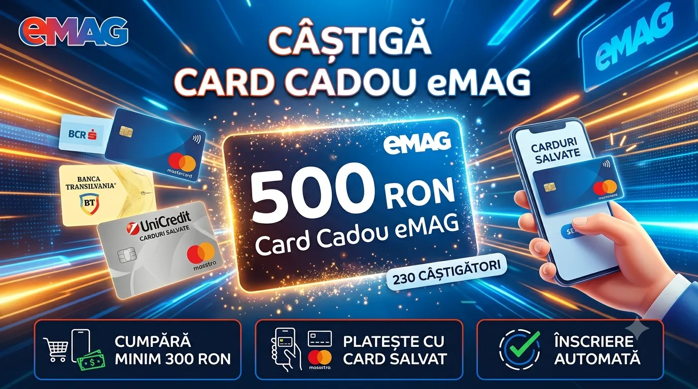 Concurs eMAG: Cumpără de minim 300 RON și câștigă carduri cadou (până pe 16 Septembrie) -...
