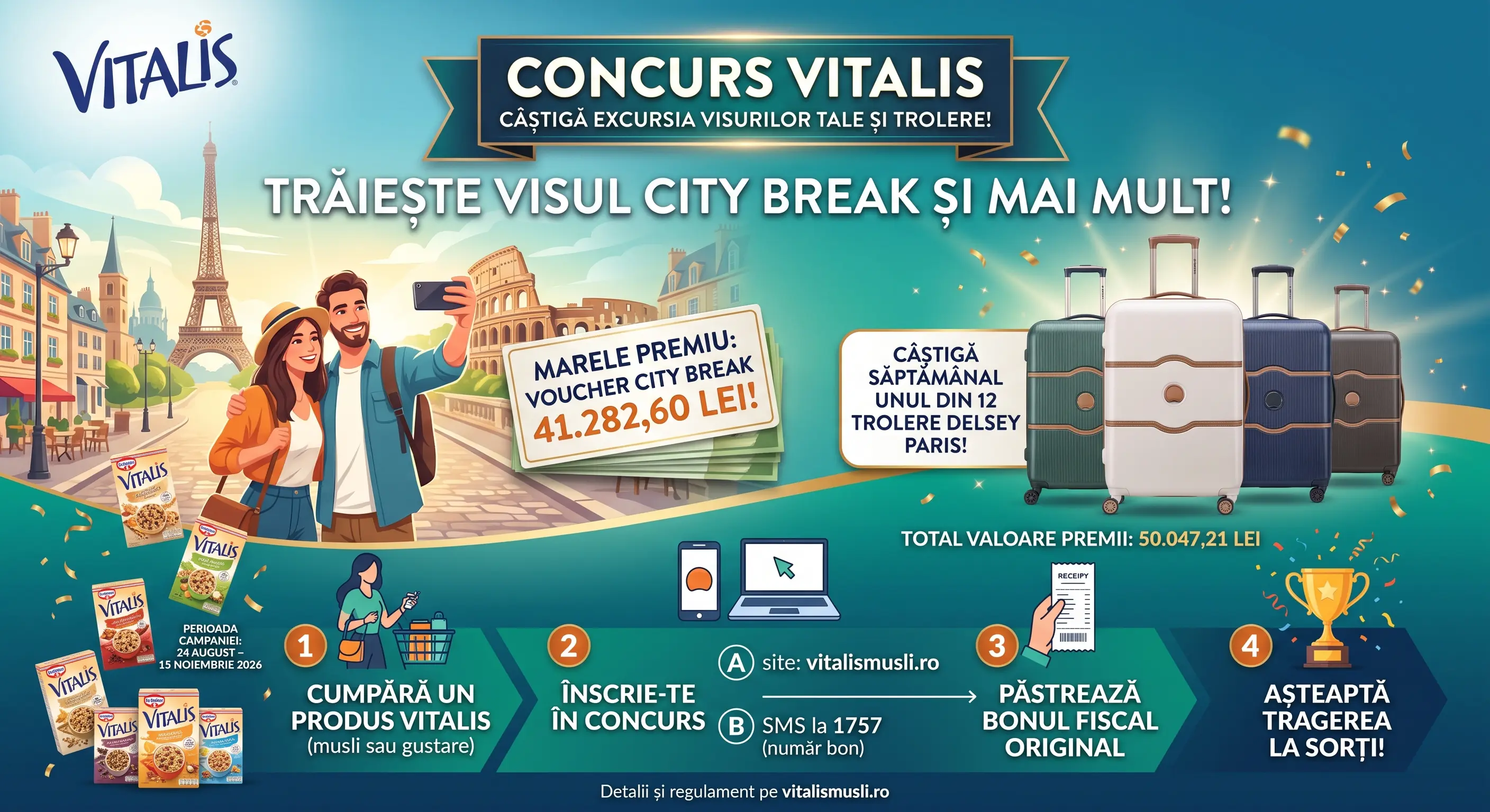 Concurs Vitalis - Cumpără și câștigă City Break sau troler Delsey Paris (până pe 15...