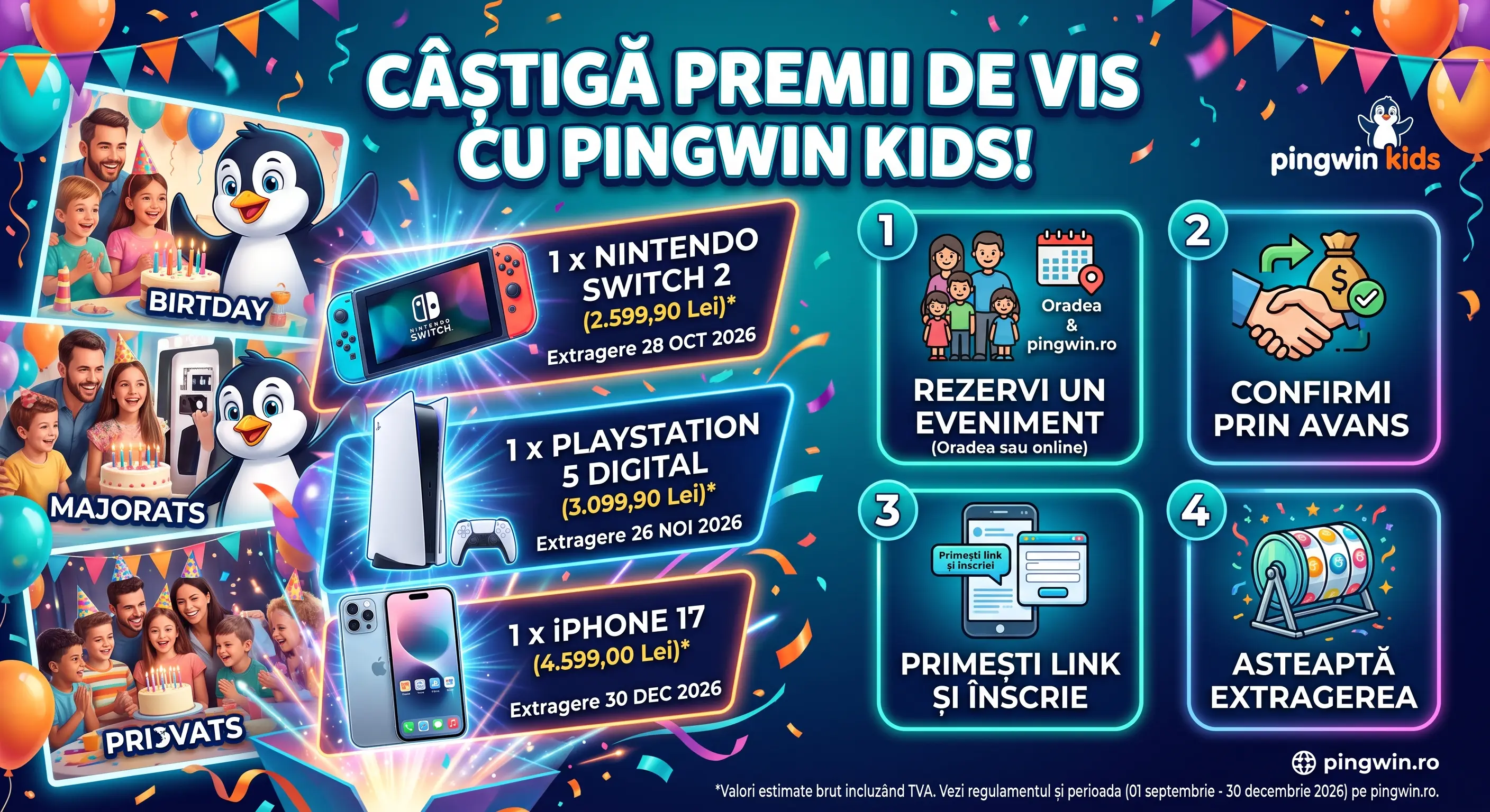 Concurs Concurs Pingwin Kids - Câștigă iPhone 17, PlayStation 5 sau Nintendo Switch 2 (până...