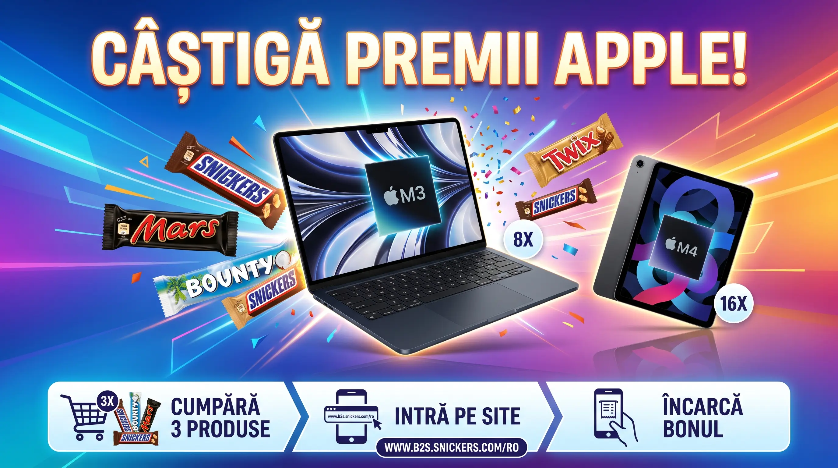 Concurs Snickers: Cumpără 3 produse și câștigă laptop Apple sau iPad (până pe 11 octombrie)...