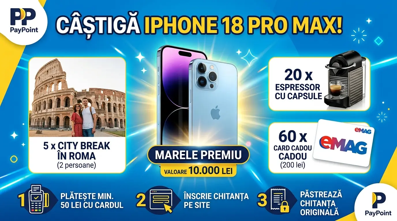 Concurs PayPoint: Cumpără și câștigă un Apple iPhone 18 ProMax (până pe 7 Decembrie) -...