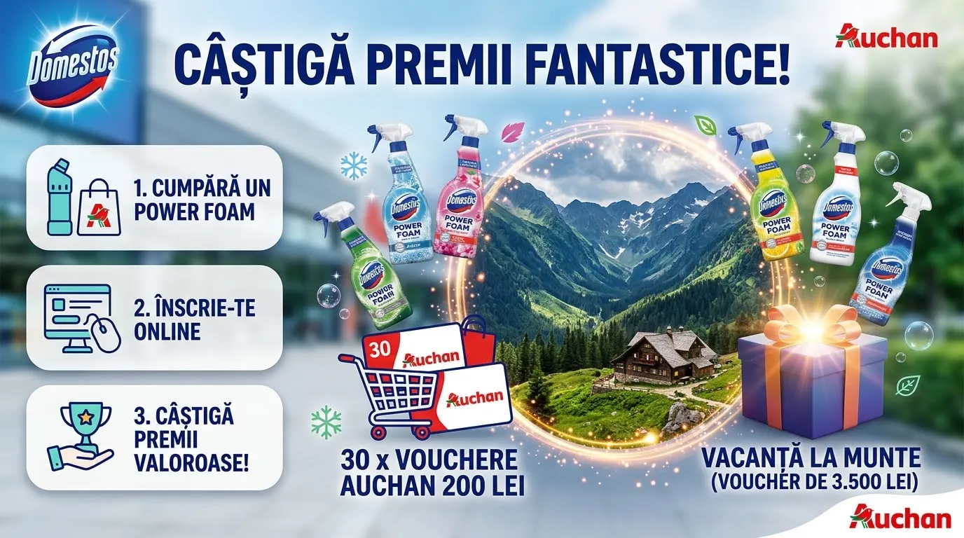 Concurs Auchan - Cumpără Domestos Power Foam și câștigă vacanță la munte (până pe 22...