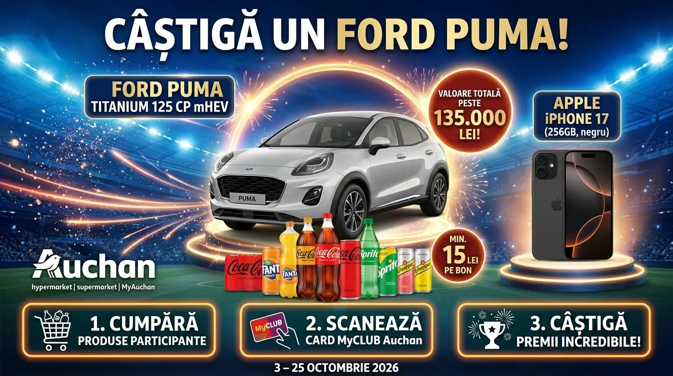 Concurs Auchan: Cumpără și câștigă un Ford Puma sau iPhone 17 (până pe 25 Octombrie) -...