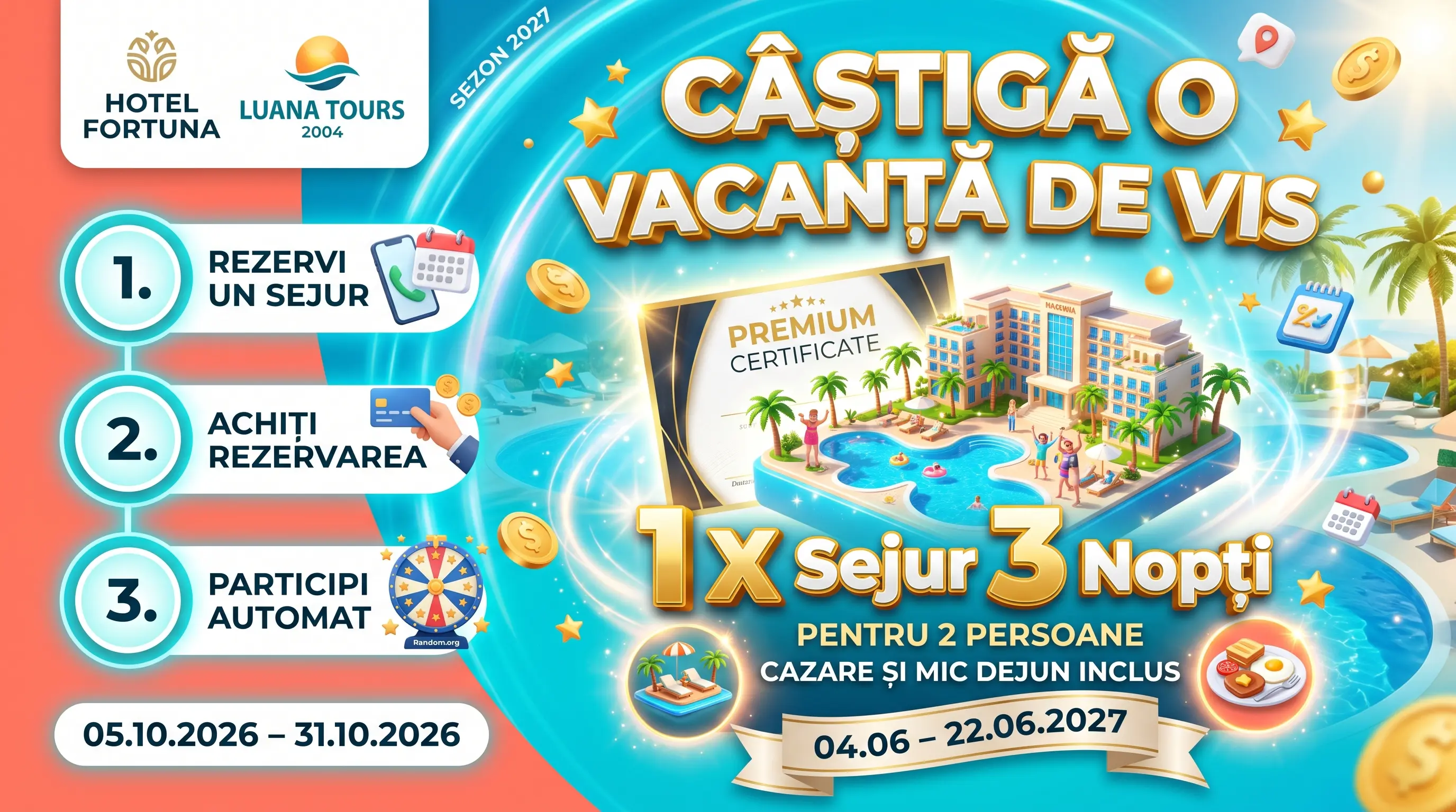 Concurs Concurs Hotel Fortuna - Câștigă un sejur de 3 nopți pentru 2 persoane (până pe 31...