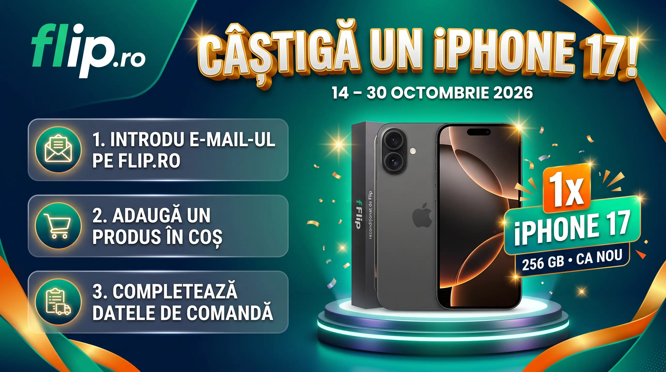 Concurs Flip: Câștigă un iPhone 17 reconditionat (până pe 30 octombrie) - Concurs Gratuit |...