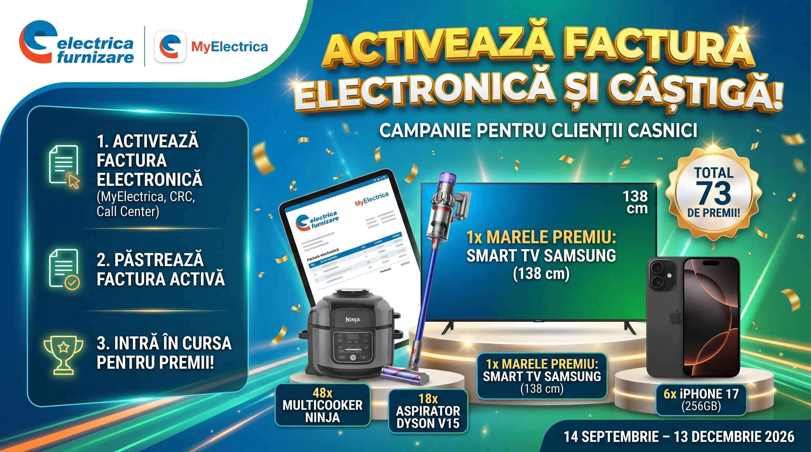 Concurs Electrica Furnizare - Câștigă iPhone 17, TV Samsung și premii Dyson (până pe 13...