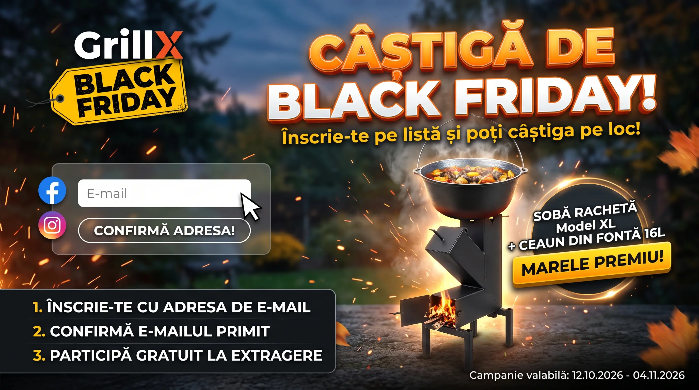Concurs GrillX: Câștigă o Sobă Rachetă Model XL și Ceaun din Fontă (până pe 4 noiembrie)