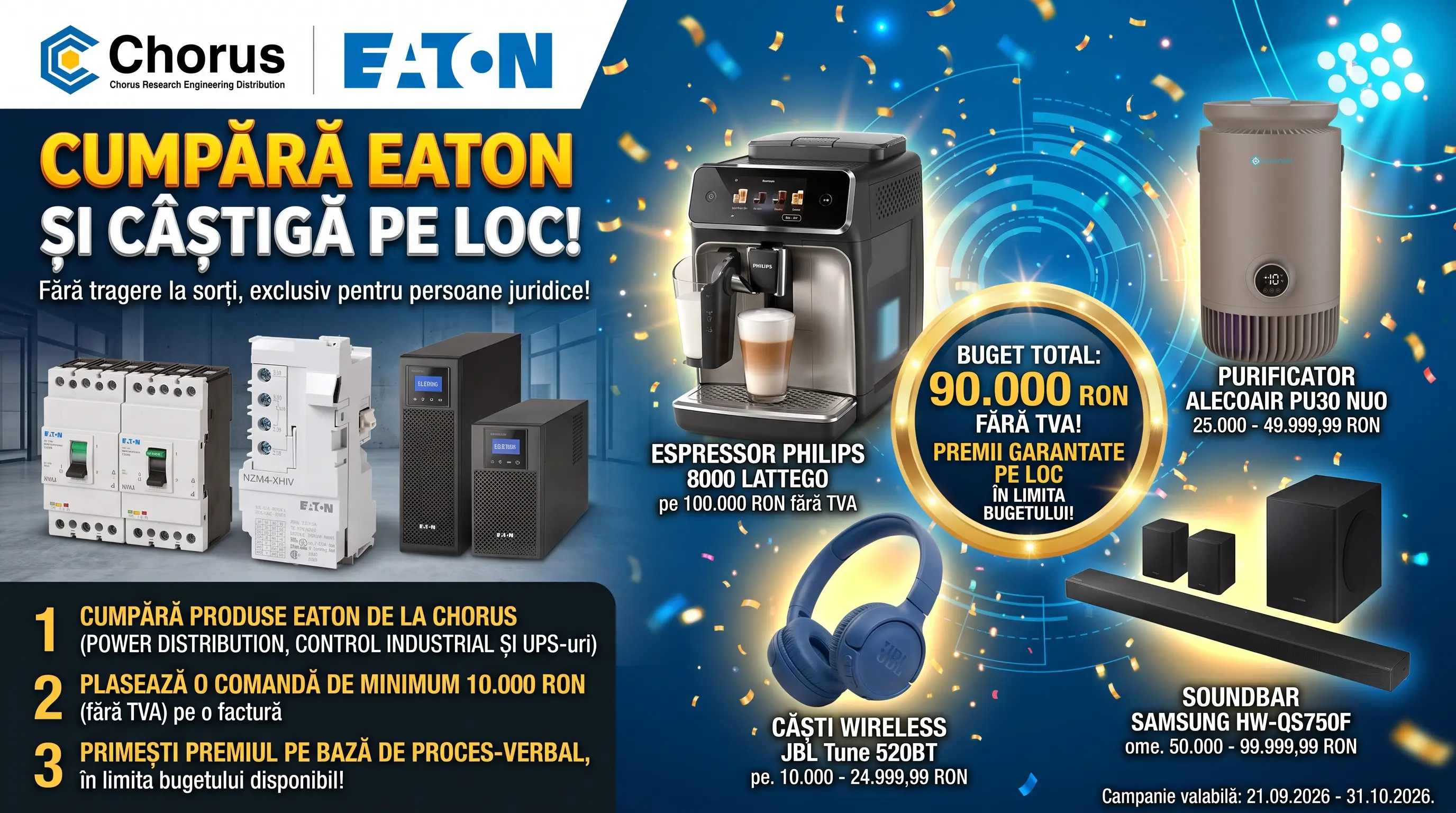Concurs Chorus: Cumpără produse Eaton și câștigă un espressor Philips 8000 LatteGo (până pe...