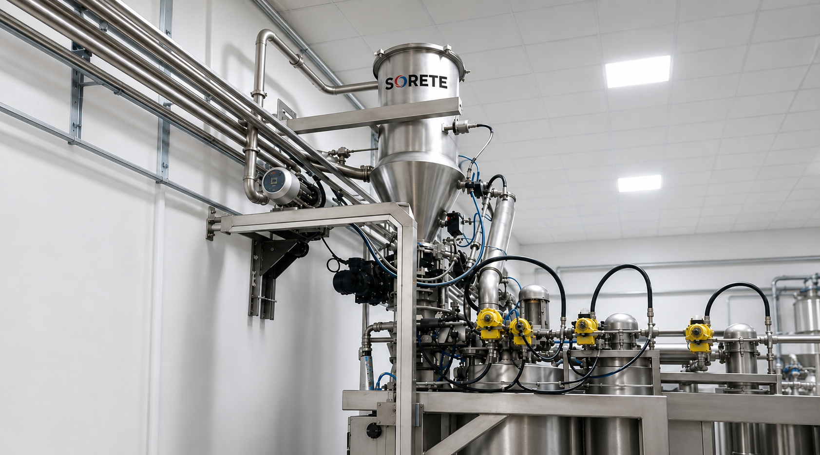 Pneumatic vacuum conveying system for use in the food industry.