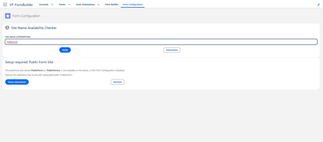 The Form Configuration tab with the public site checker