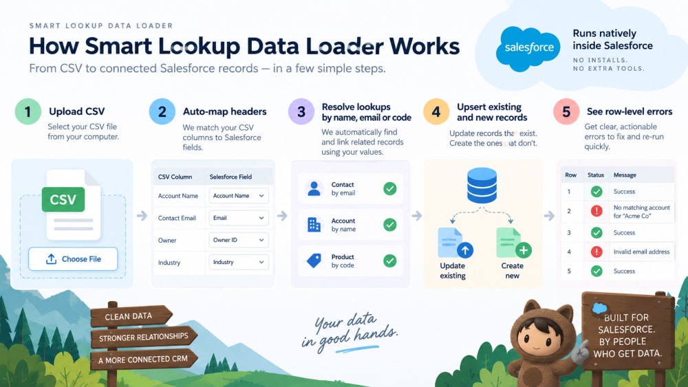 How Smart Lookup Data Loader works, from CSV to connected records