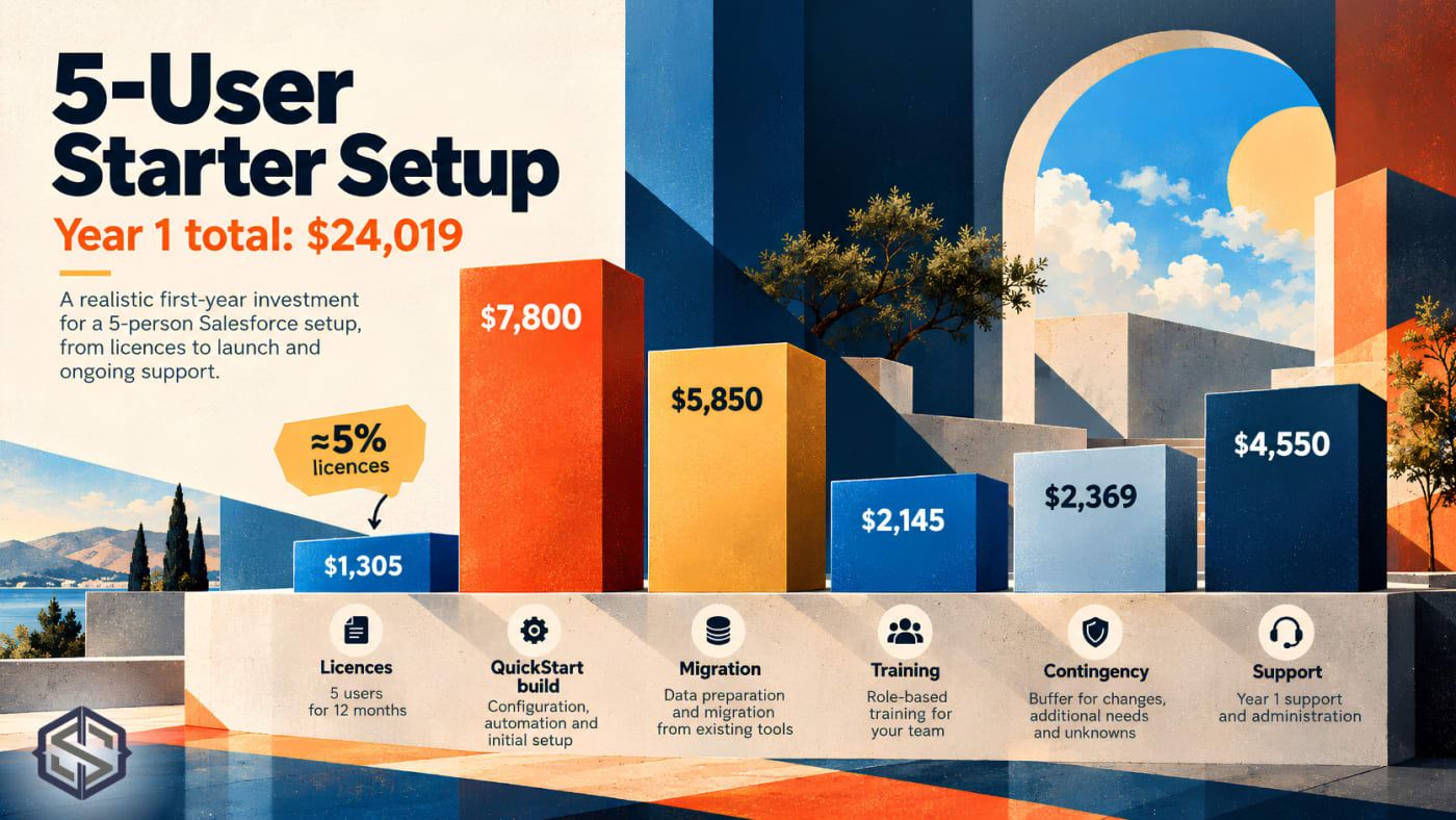 A 5-user Starter Suite setup with a year-one total of $24,019, broken into licences, build, migration, training, contingency and support