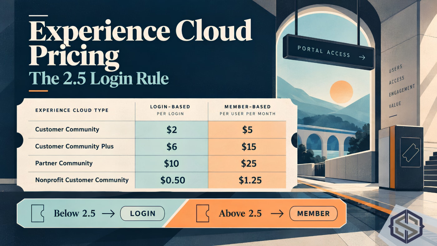 Experience Cloud rate table for login-based and member-based licences, with the rule: below 2.5 logins a month choose login, above it choose member