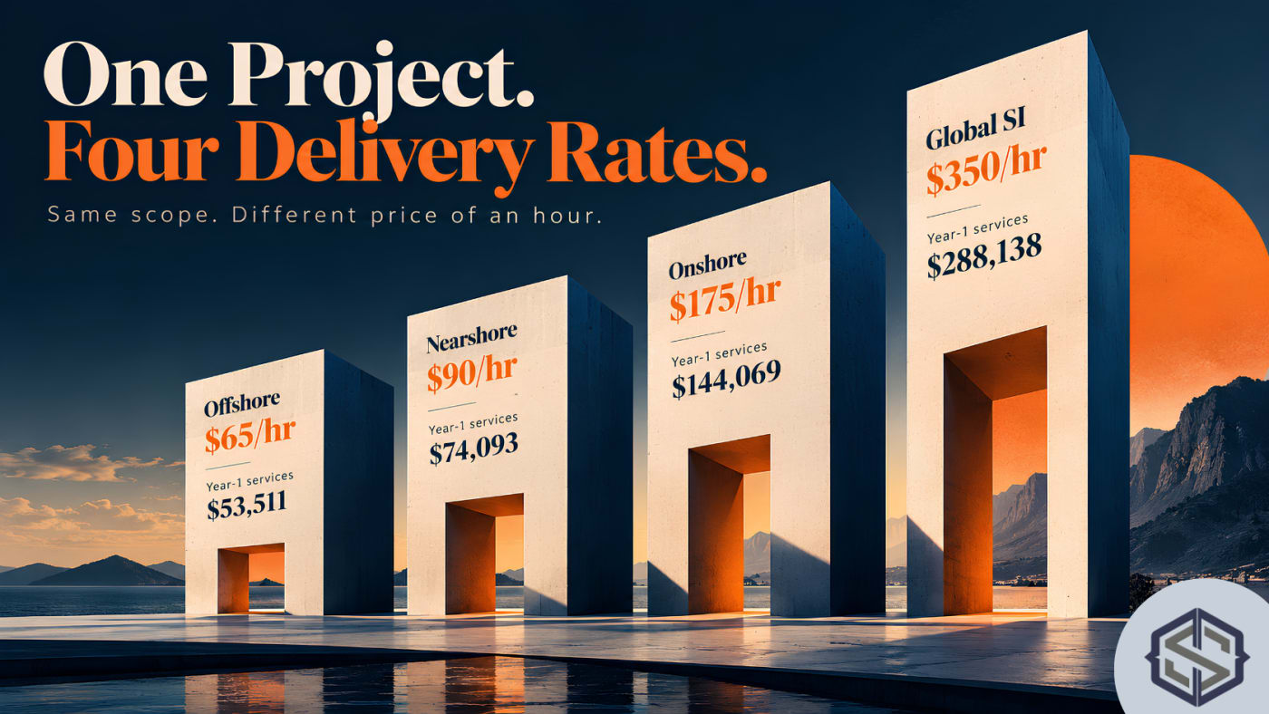 One project at four delivery rates: offshore $65, nearshore $90, onshore $175 and global SI $350 an hour, with year-one services for each