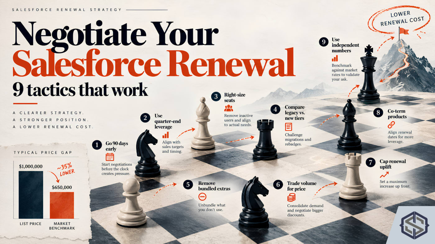 Negotiate your Salesforce renewal: nine tactics shown as moves on a chessboard, from starting early to bringing independent numbers