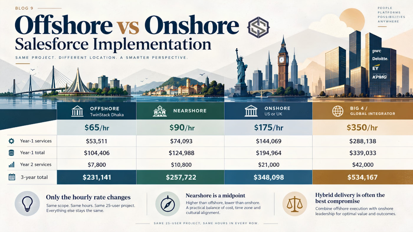 Offshore, nearshore, onshore and global integrator compared: hourly rates, year-one services, year-two services and three-year totals for the same project