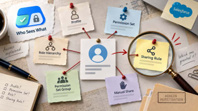 Tracing a Salesforce access grant back through profile, permission set, role hierarchy and sharing rules