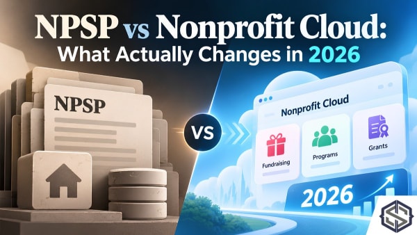 NPSP shown as stacked stone records beside Nonprofit Cloud with fundraising, programs and grants cards, titled NPSP vs Nonprofit Cloud: What Actually Changes in 2026