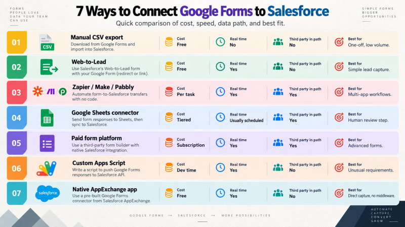 Seven methods for getting Google Form responses into Salesforce compared