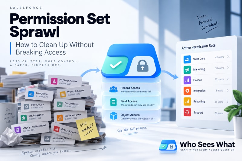 Dozens of overlapping permission sets accumulated over years, with unclear ownership