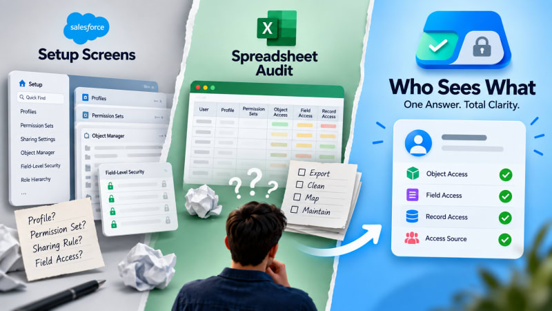 Three approaches to answering a Salesforce access question compared side by side