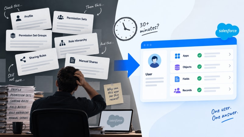The six Salesforce systems that grant access to a single user, checked one screen at a time