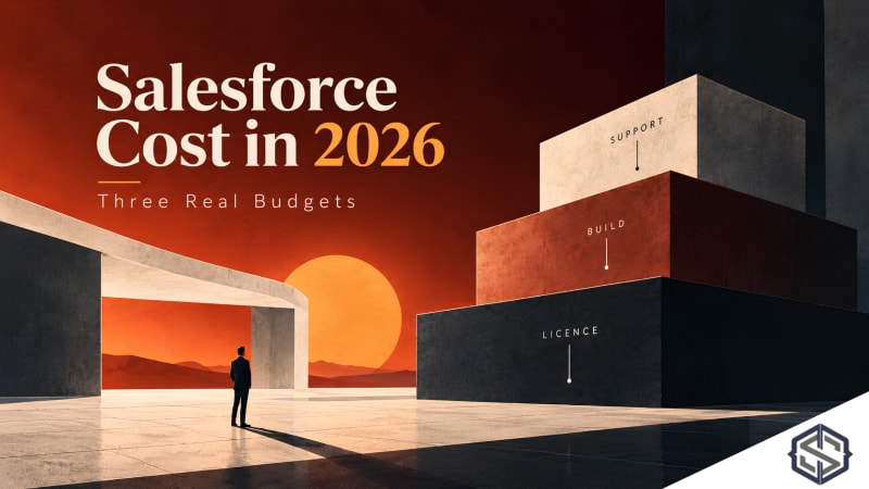 Salesforce cost in 2026 shown as three blocks: licence, build and support