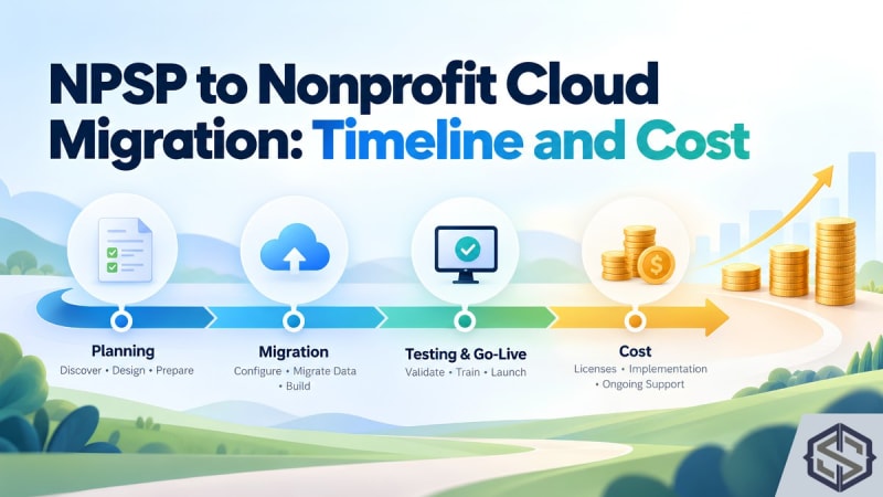 NPSP to Nonprofit Cloud migration timeline running from planning and migration to testing, go-live and cost, ending in rising stacks of coins