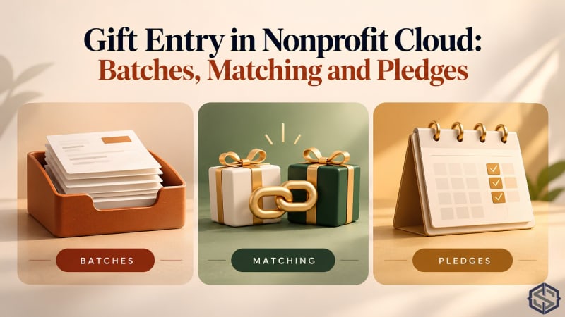 Gift Entry in Nonprofit Cloud shown as three panels: a tray of gift batches, two linked gifts for matching, and a calendar for pledges