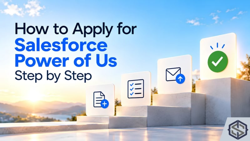 Rising stone steps with icons for an application form, a checklist, a sent request and an approval tick, titled How to Apply for Salesforce Power of Us Step by Step