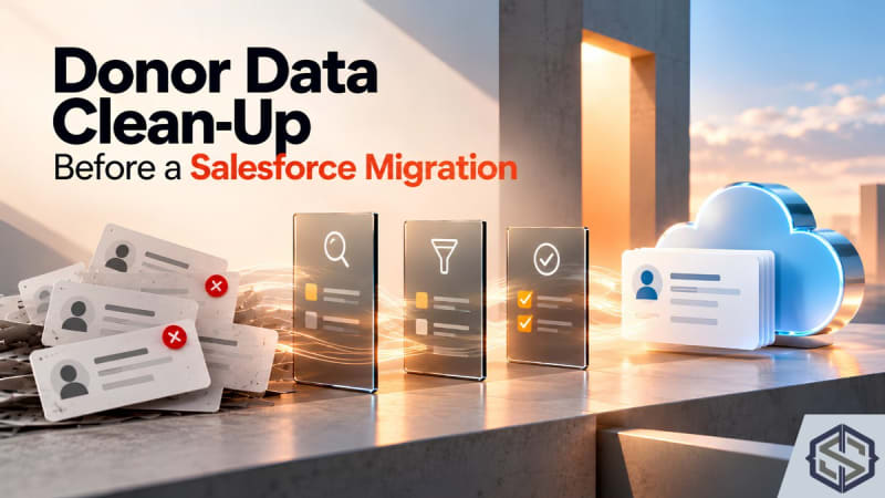 Duplicate donor cards passing through search, filter and check panels into one clean record, titled Donor Data Clean-Up Before a Salesforce Migration