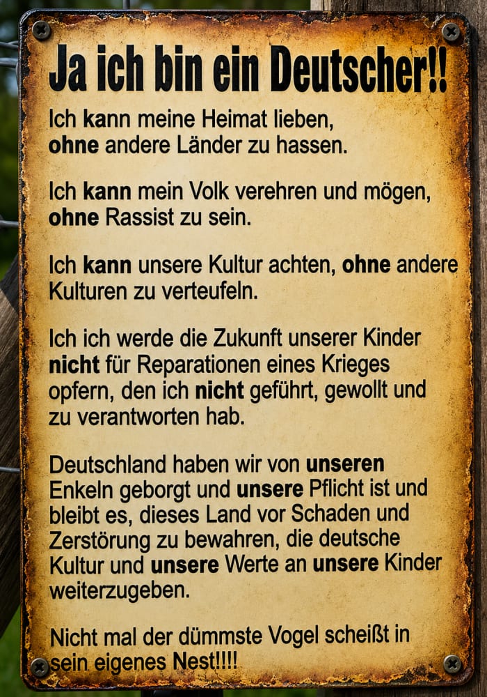 Handgeschriebenes Metallschild: Ja ich bin ein Deutscher – Heimat, Volk, Kultur ohne Hass
