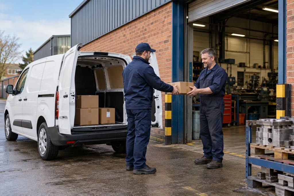 Illustration of a courier handing over a small carton at a West Midlands-inspired workshop.