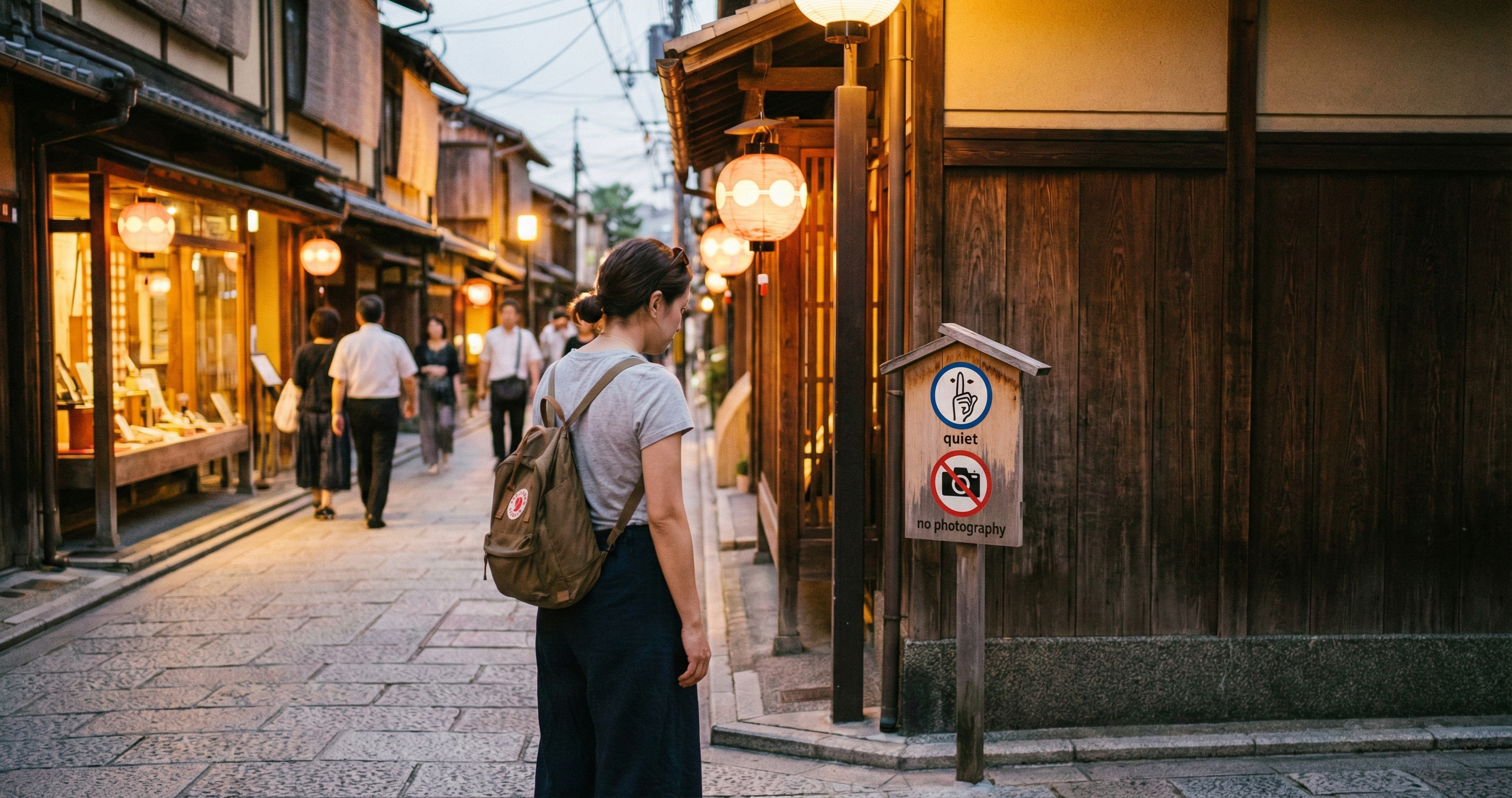 Kyoto street with manner signs for tourists