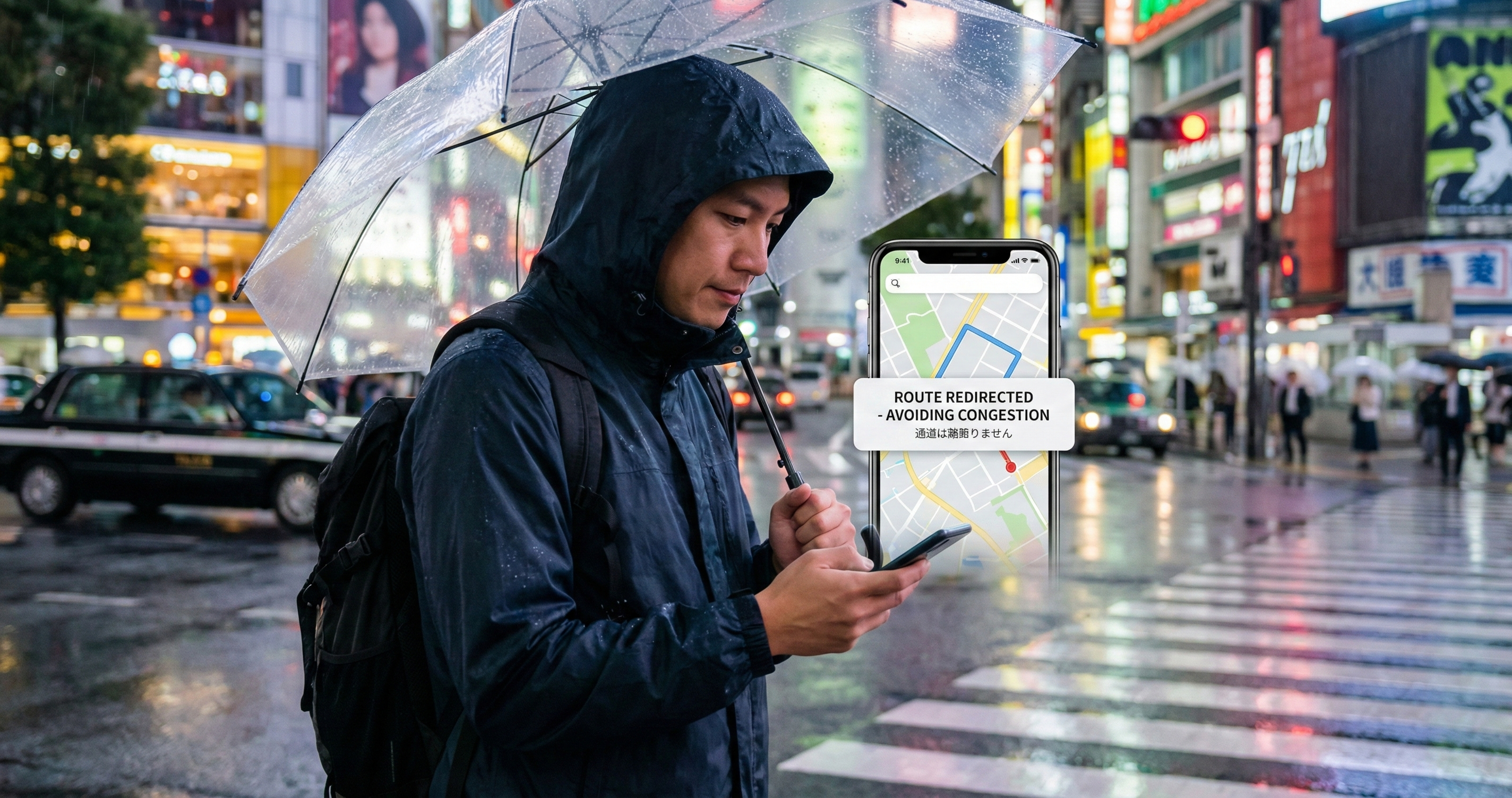 Smartphone showing map with route changes in rainy weather