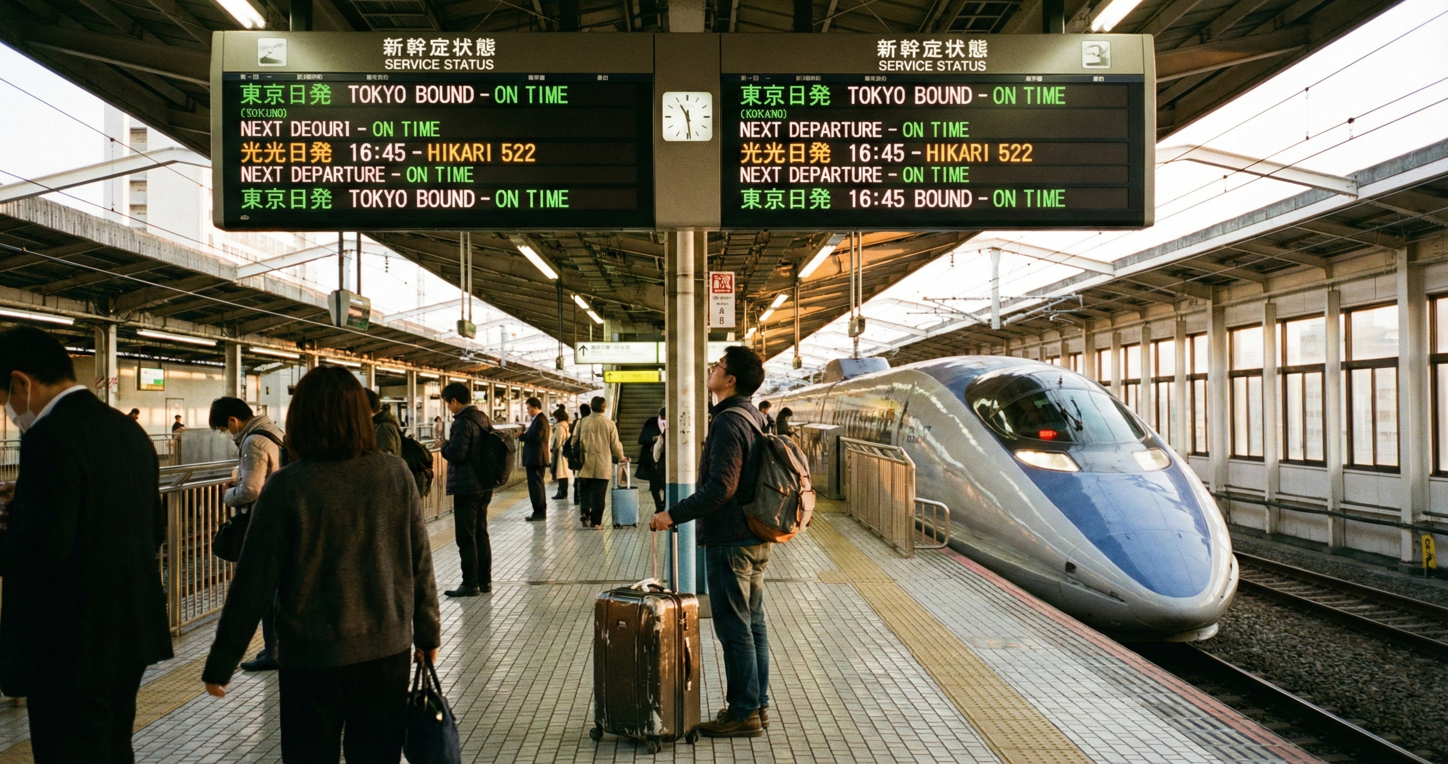 Shinkansen departure board showing train schedules