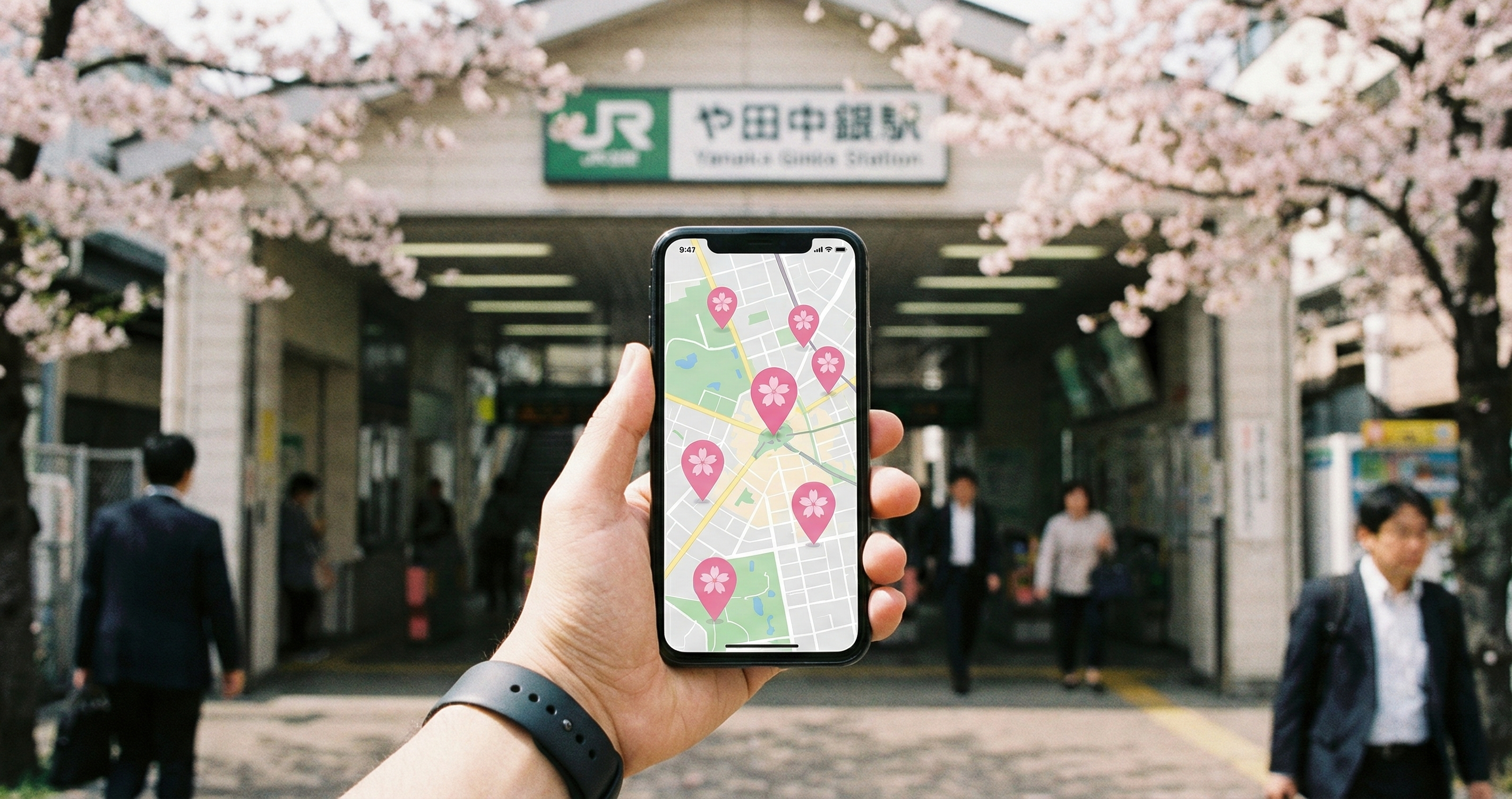 Traveler using smartphone map to navigate cherry blossom spots