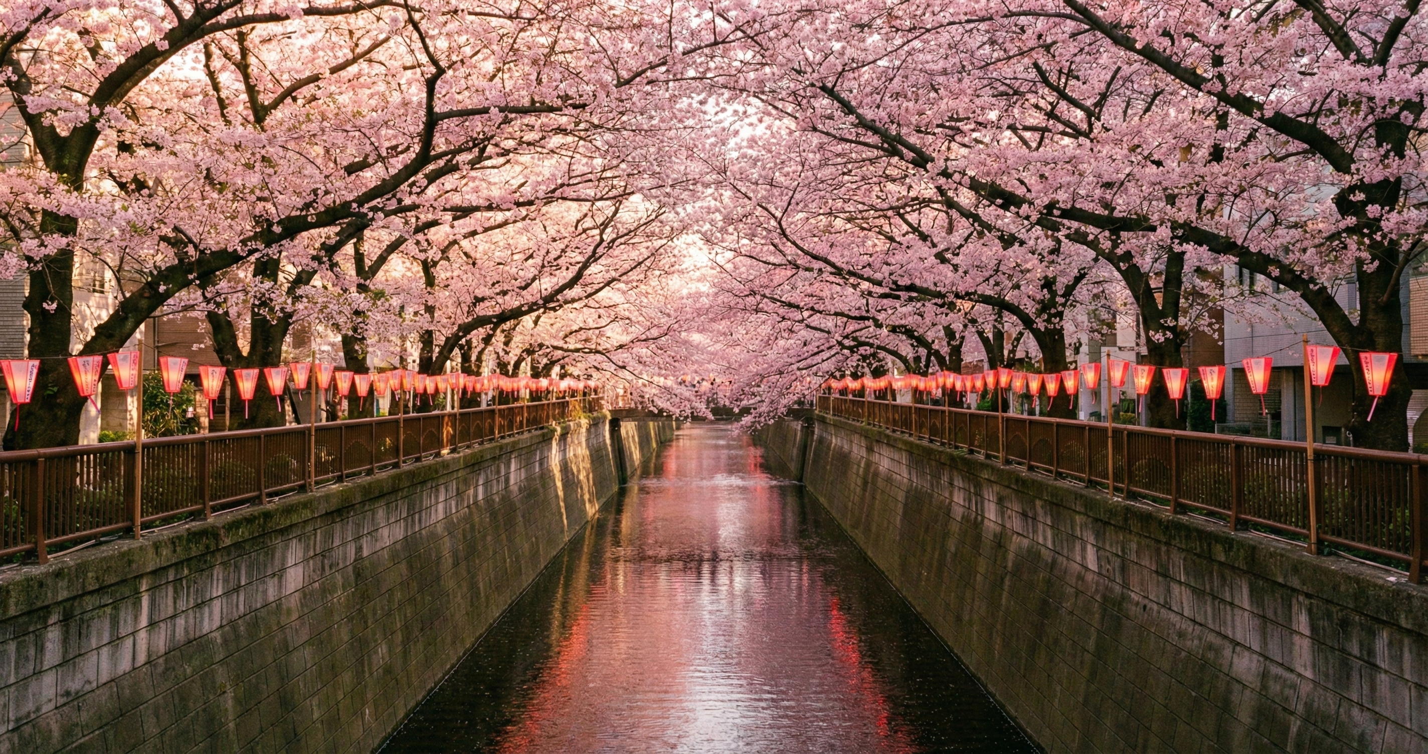 Meguro River cherry blossom tunnel with traditional lanterns