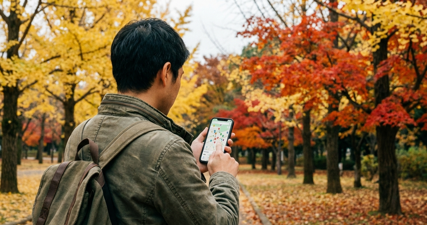 Traveler checking map on smartphone