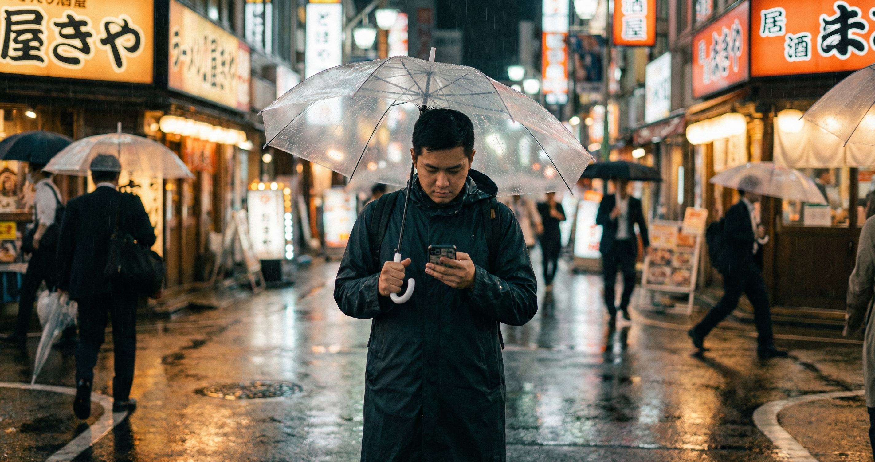 Traveler using phone in the rain for real-time adjustments