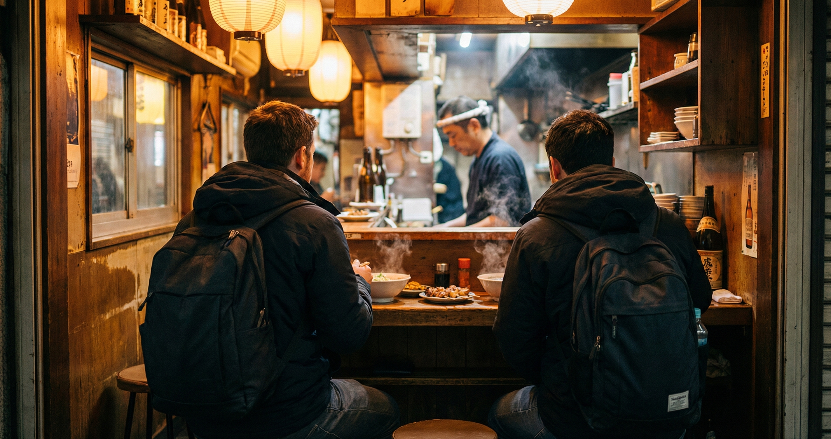 People eating at a traditional Japanese counter in Asakusa