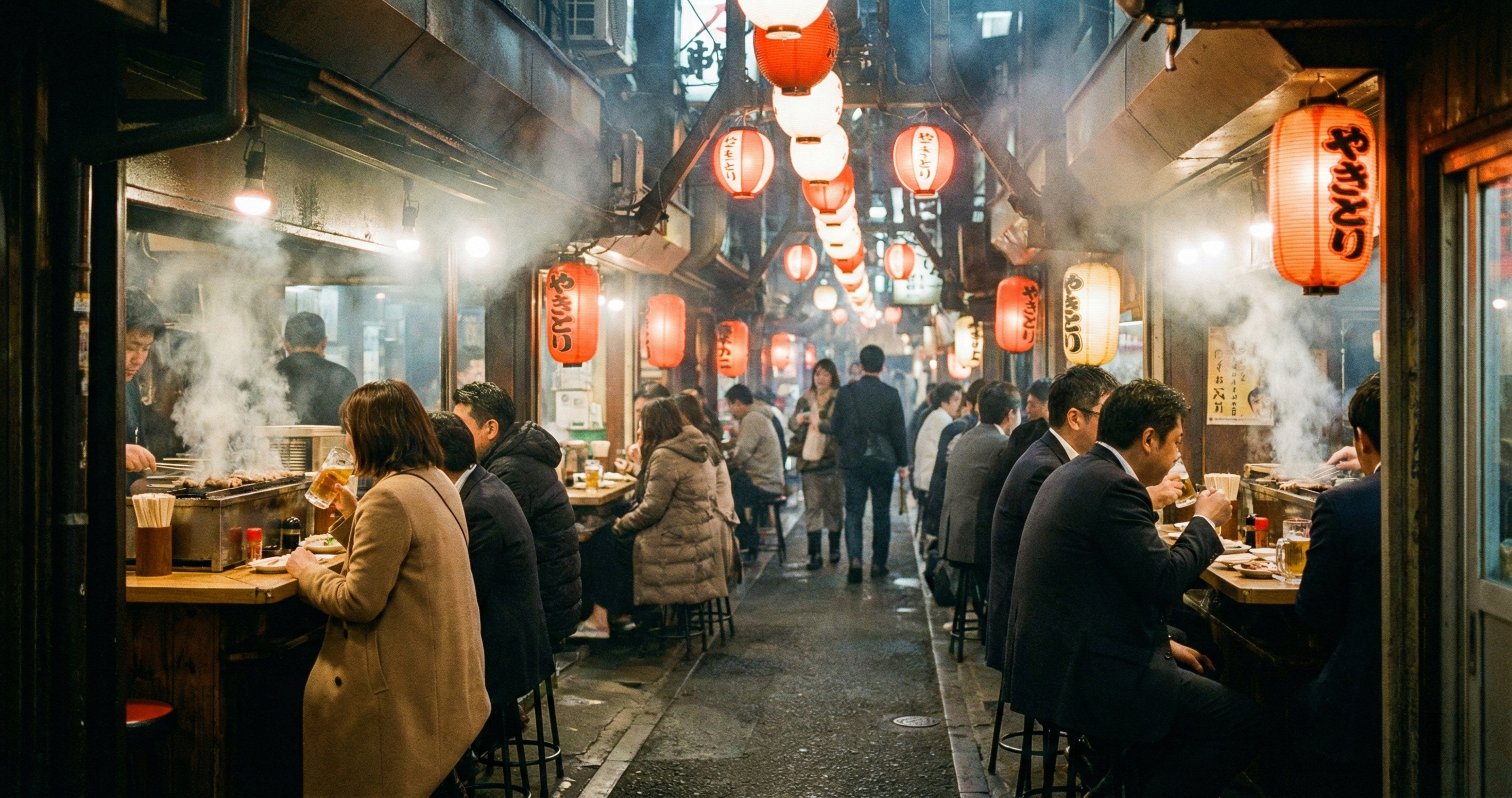 Omoide Yokocho narrow alley with small izakaya bars and red lanterns at night