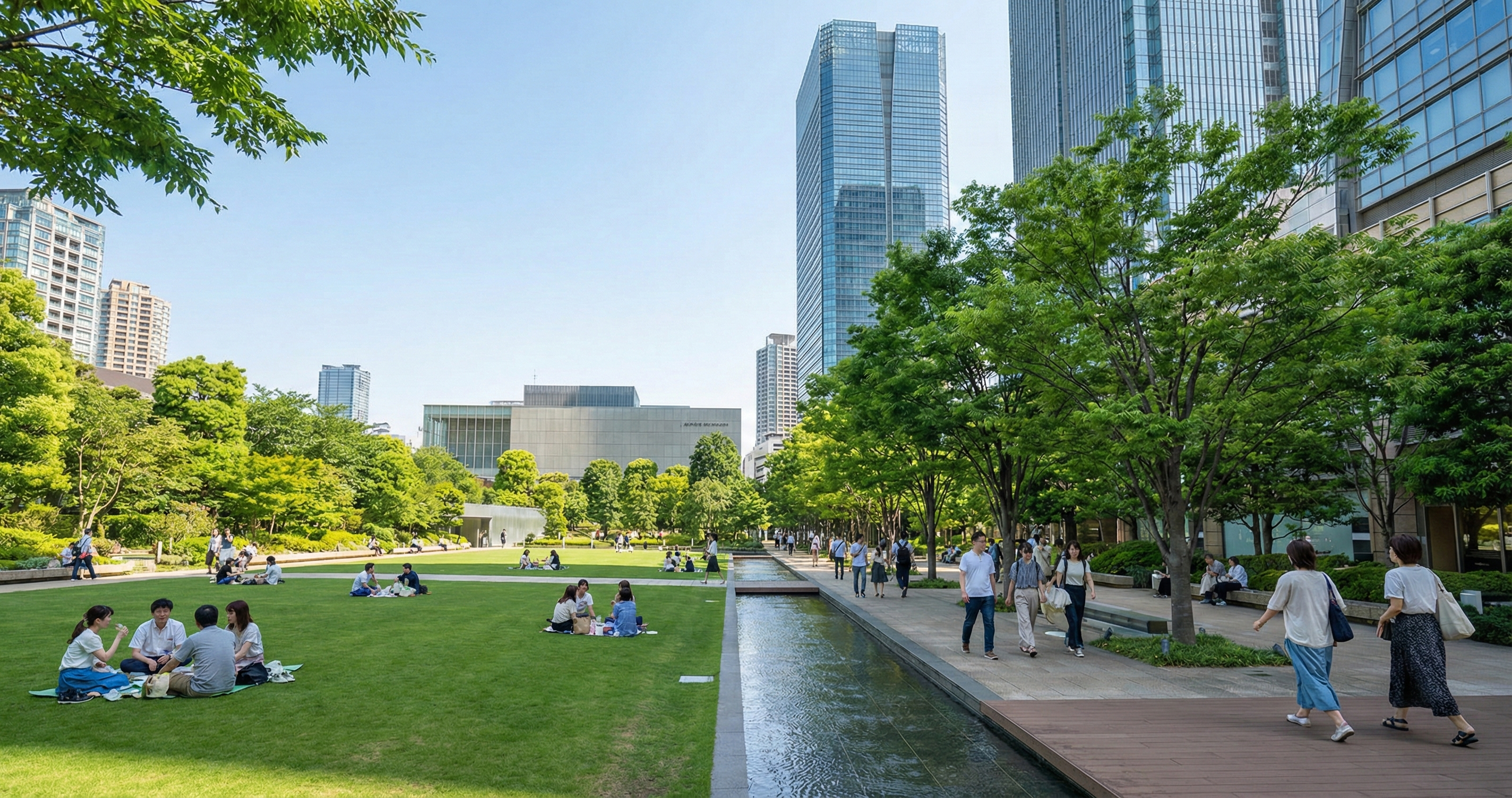 People walking through the Tokyo Midtown garden area with modern art sculptures