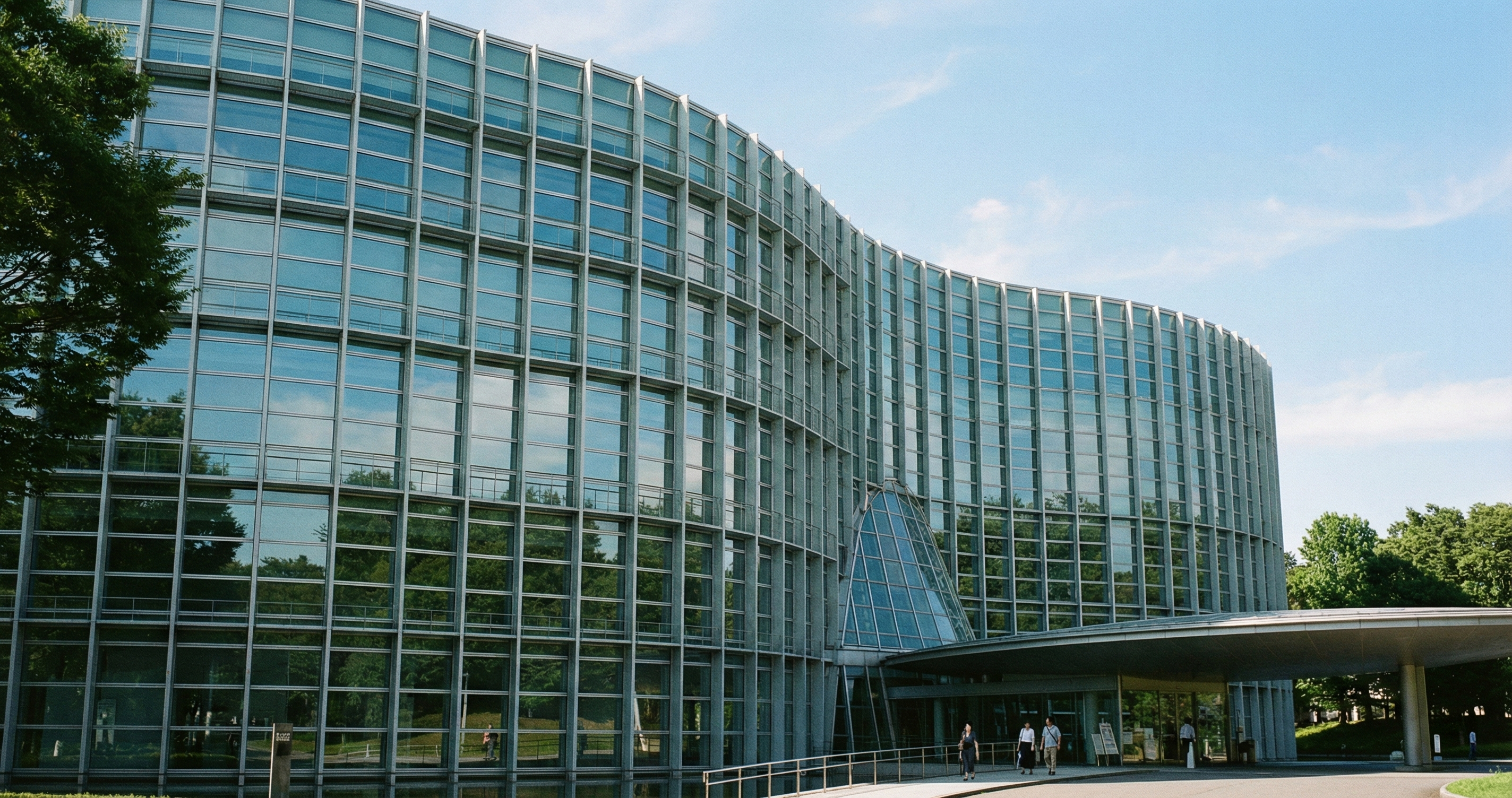 Exterior of The National Art Center Tokyo featuring curved glass architecture