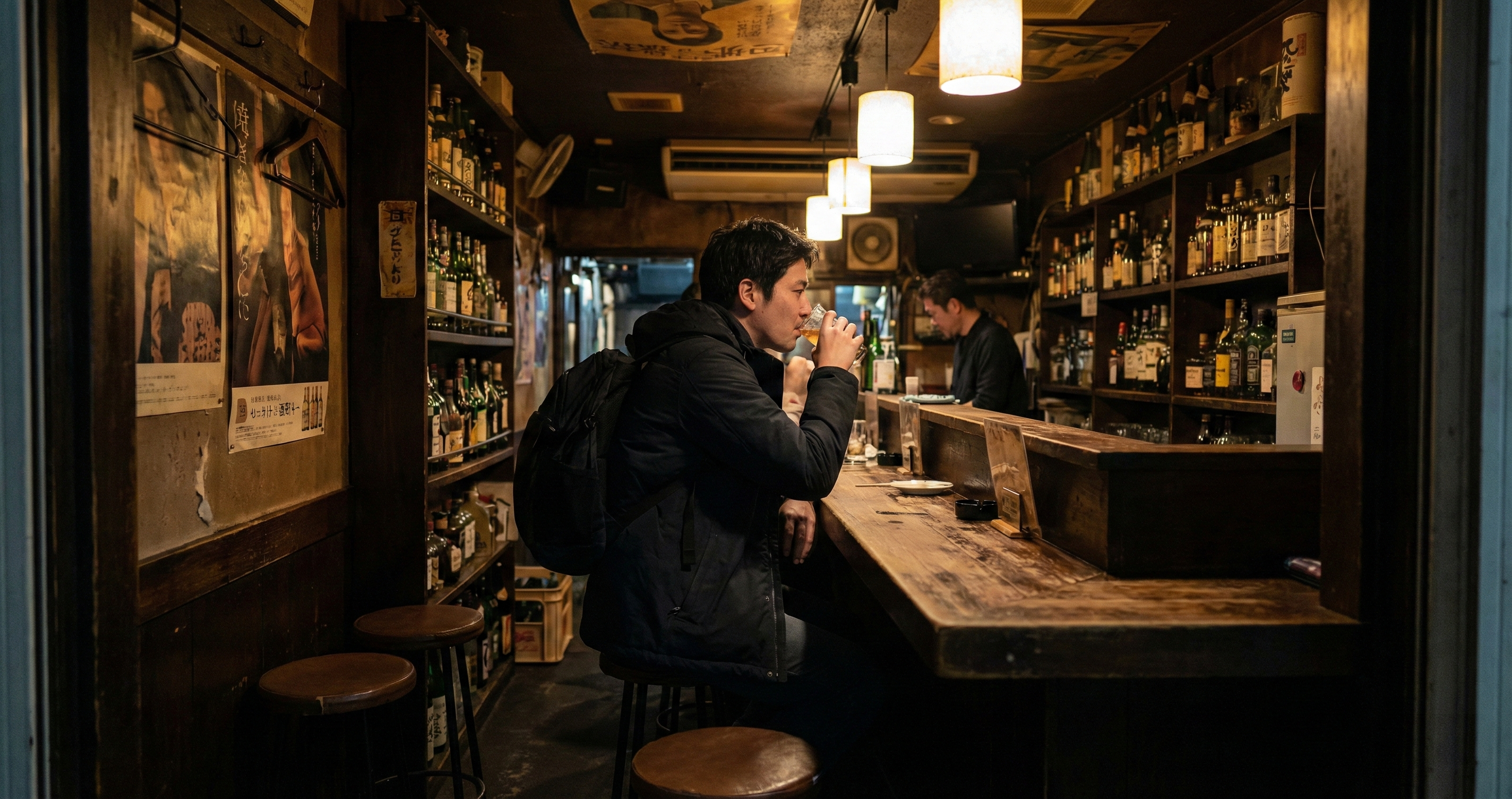 A man drinking alone in a narrow alleyway bar