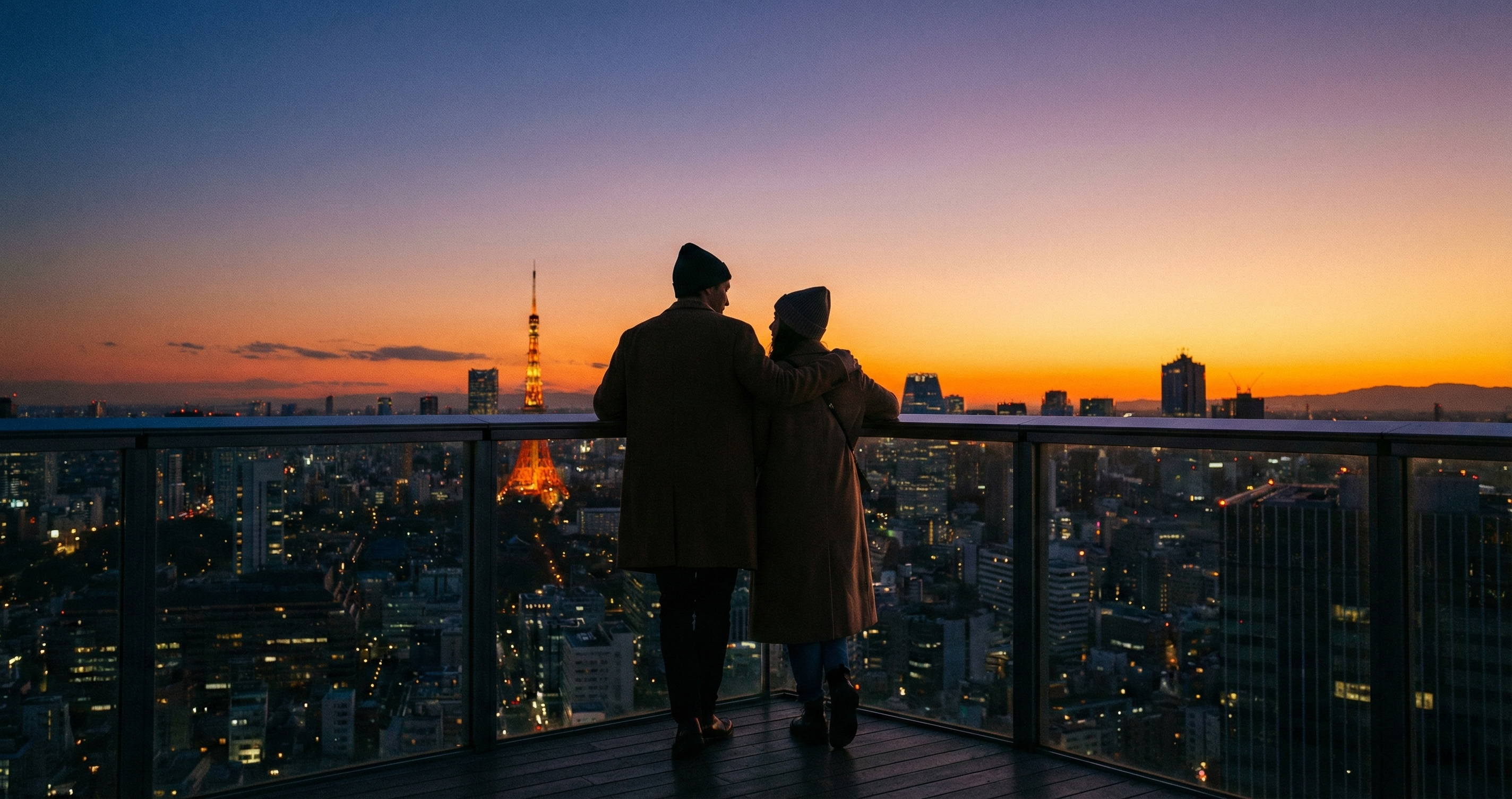 A couple looking out at the city lights and Tokyo Tower at sunset