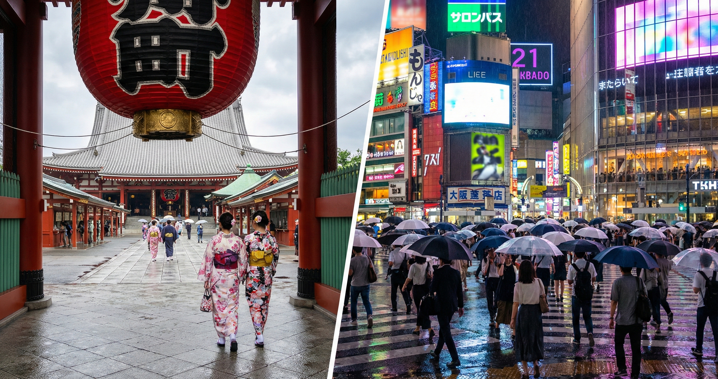 Split image showing the traditional lantern of Senso-ji Temple and the neon lights of Shibuya