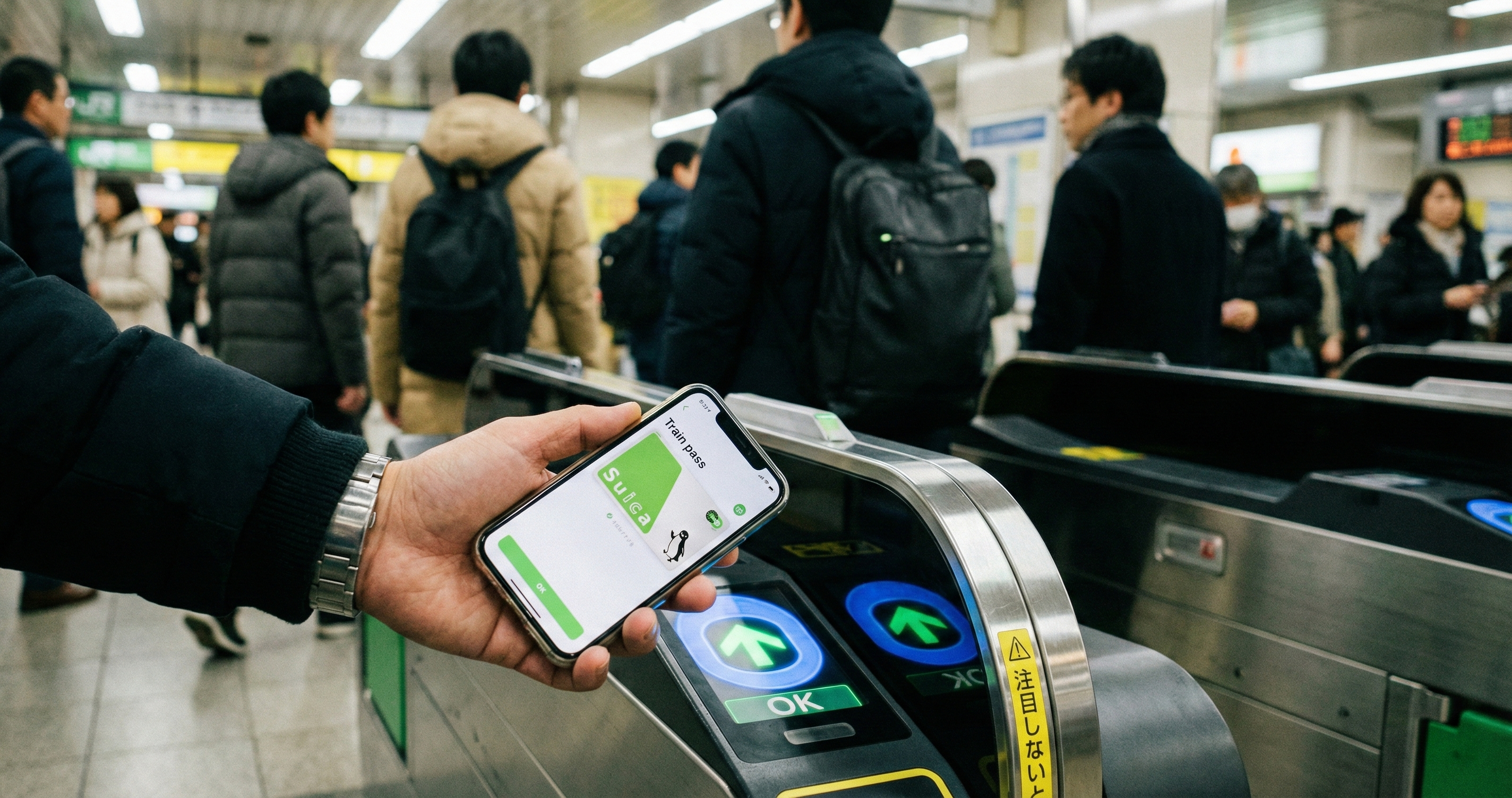 Using a mobile Suica card on a smartphone at a Tokyo train ticket gate